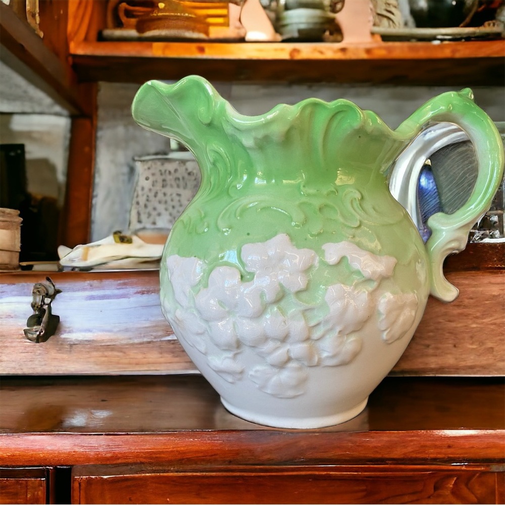 Antique Wheeling Pottery Co Pitcher Green White Floral Embossed Vase